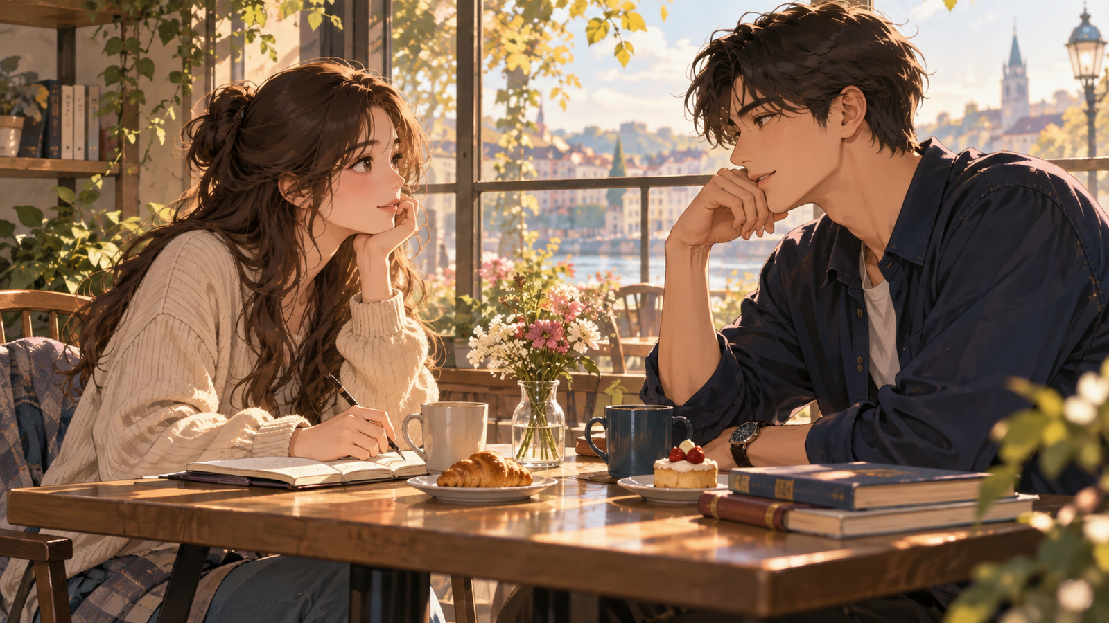 카페에서 대화를 나누는 두 인물의 로맨스 드라마 일러스트